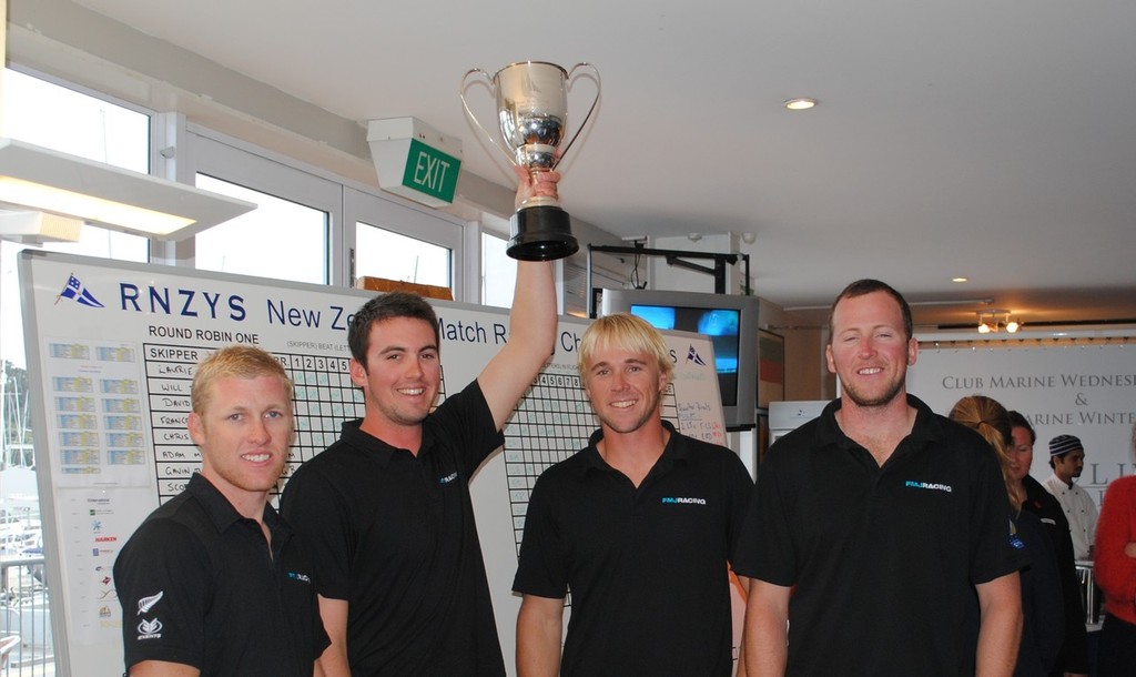 Will Tiller and the FMJ crew with the New Zealand National Match Racing Championships Trophy © RNZYS Media